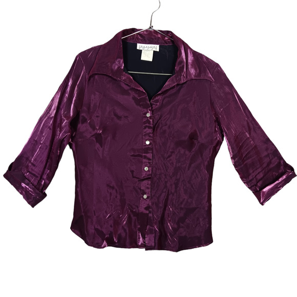 Vintage Charlotte Russe Button Down Shirt Size Large Purple Shiny 3/4 sleeve - Picture 4 of 8